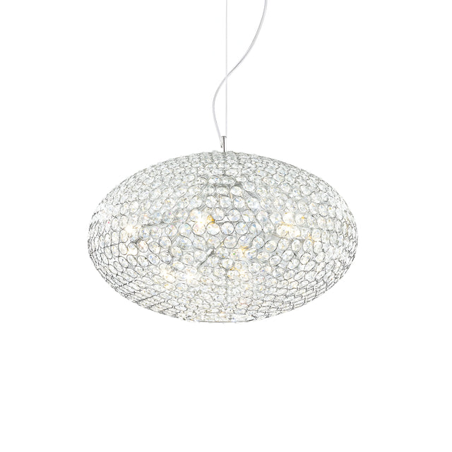 The Nebula 6 Light Crystal Suspension - Chrome lamp showcases a spherical design embellished with crystal-like bubble elements that gently diffuse a warm glow. It is suspended by a slender chrome wire, creating a captivating visual effect against any backdrop.