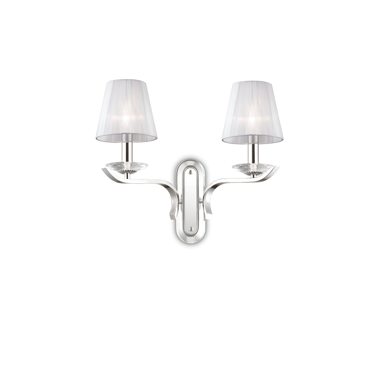 The Solum 2 Light Wall Light - White is a modern fixture with a chromed metal frame and two silver arms adorned with organza lampshades. Its sleek, contemporary design enhances any space, casting a soft glow perfect for interior decoration.