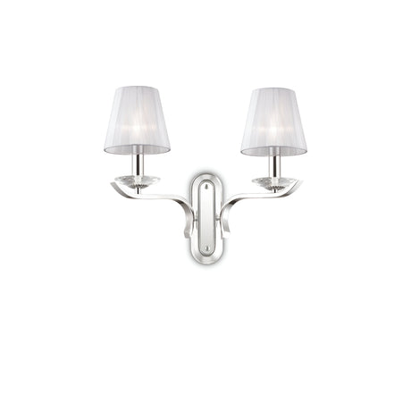 The Solum 2 Light Wall Light - White is a modern fixture with a chromed metal frame and two silver arms adorned with organza lampshades. Its sleek, contemporary design enhances any space, casting a soft glow perfect for interior decoration.