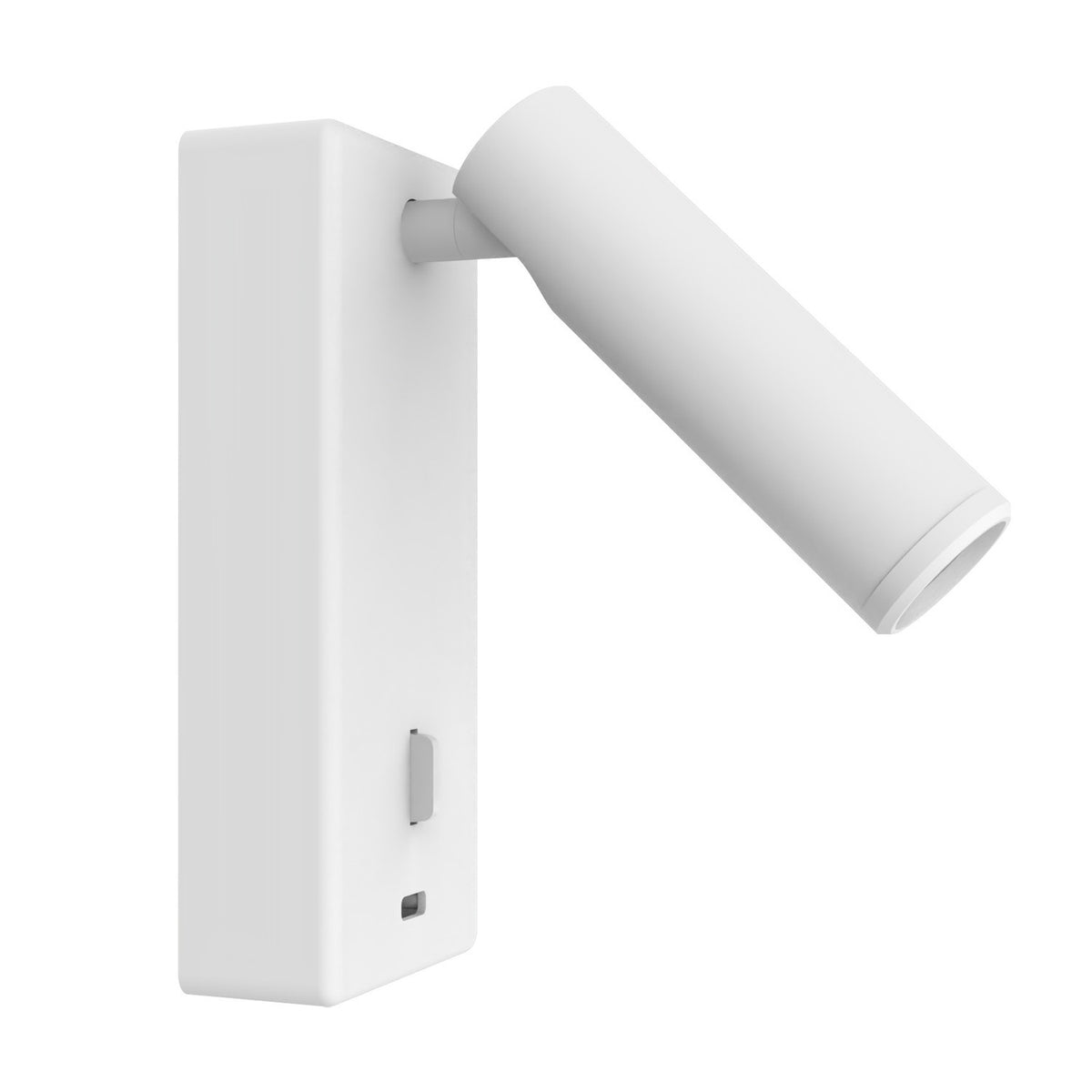 Nao Rectangular USB LED Wall Light in matt white, with a slim rectangular backplate and an adjustable cylindrical reading light head on a pivoting joint, shown against a plain white background.