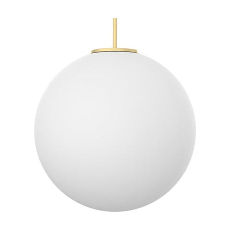 Mika Opal Glass Globe Pendant Light in Gold, round opal white glass shade with slim gold rod and canopy, shown on a plain white background.