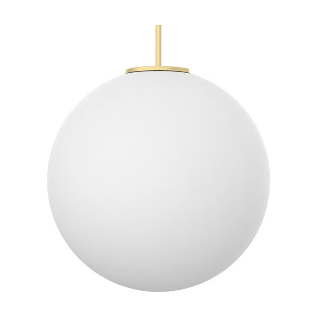 Mika Opal Glass Globe Pendant Light in Gold, round opal white glass shade with slim gold rod and canopy, shown on a plain white background.