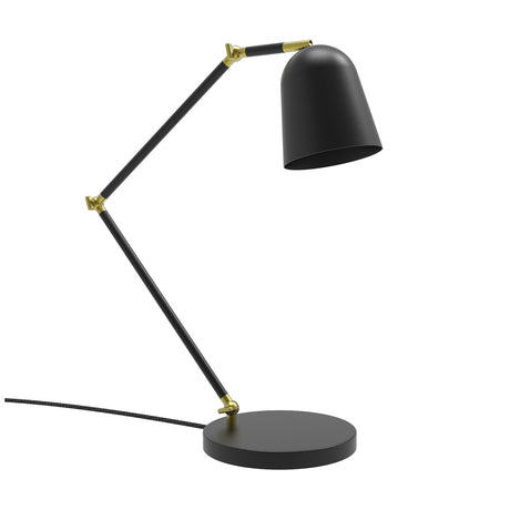 Tessa Articulated Dome Adjustable Table Lamp in matt black with gold joints, featuring a round base, jointed arm, and dome shade on a plain white background.