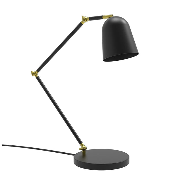 Tessa Articulated Dome Adjustable Table Lamp in matt black with gold joints, featuring a round base, jointed arm, and dome shade on a plain white background.