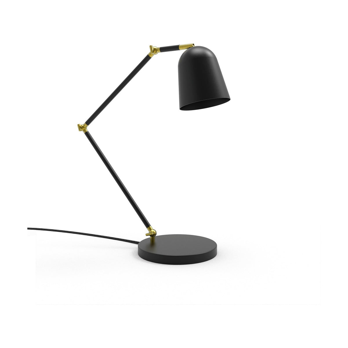 Tessa Articulated Dome Adjustable Table Lamp in matt black with gold joints, featuring a jointed arm, round base, and dome shade on a plain white background.