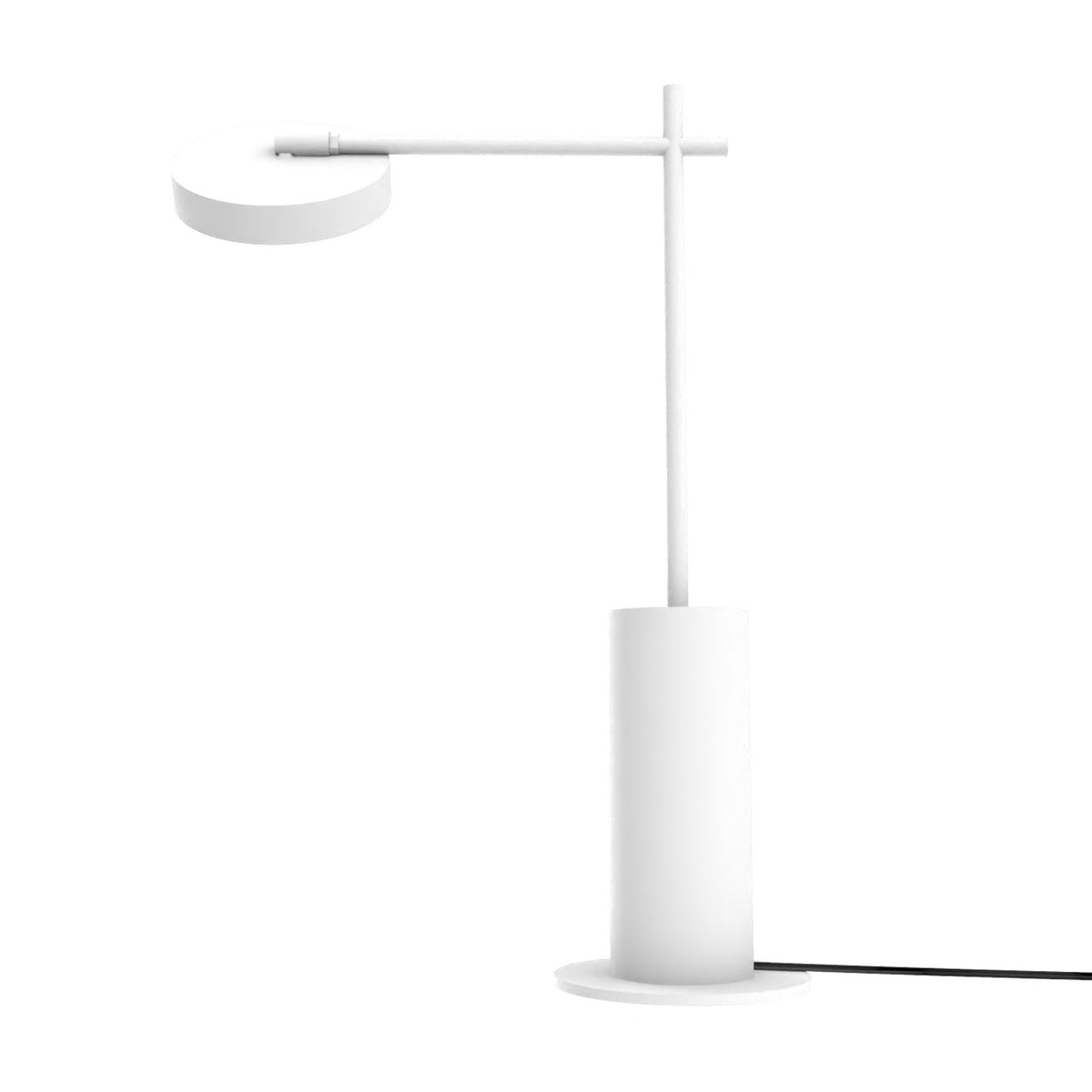 Rafaela LED Disc Table Lamp in matt white, with a flat round disc head on a slim horizontal arm, upright stem, and cylindrical base on a round foot, shown on a plain white background.
