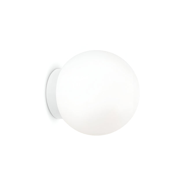 The Lyria Wall Light - White, 20cm is a sleek wall-mounted spherical fixture with a glossy finish, mounted on a straightforward circular base. It provides a soft, ambient glow that adds a touch of modern design to a plain white setting.