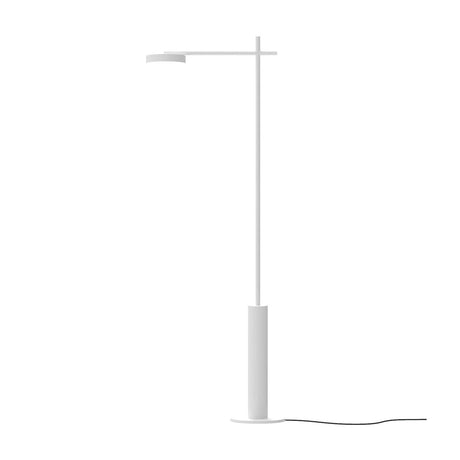 Rafaela LED Disc Floor Lamp in matt white, featuring a round disc head on a horizontal arm, slim upright stem, and cylindrical base, shown on a plain white background.