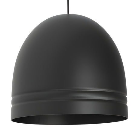 Matt black aluminium Ronda Dome Pendant Light, IP44 rated, deep ribbed-rim shade on a black cable with round ceiling canopy, against a plain white background.