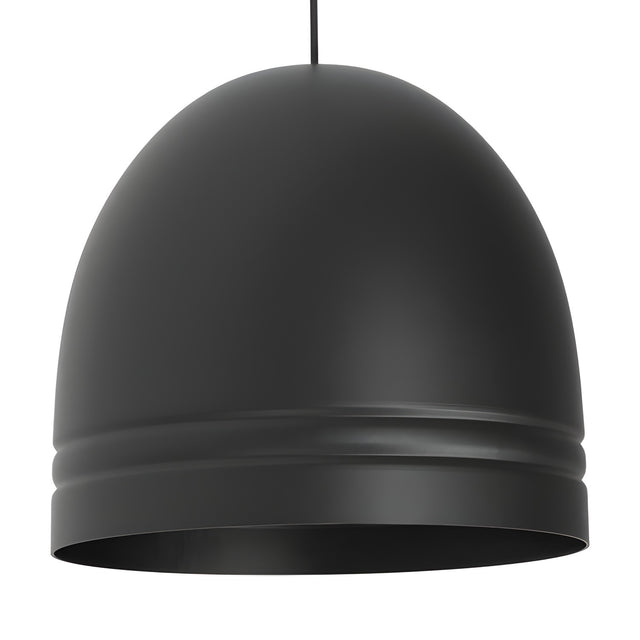 Matt black aluminium Ronda Dome Pendant Light, IP44 rated, deep ribbed-rim shade on a black cable with round ceiling canopy, against a plain white background.