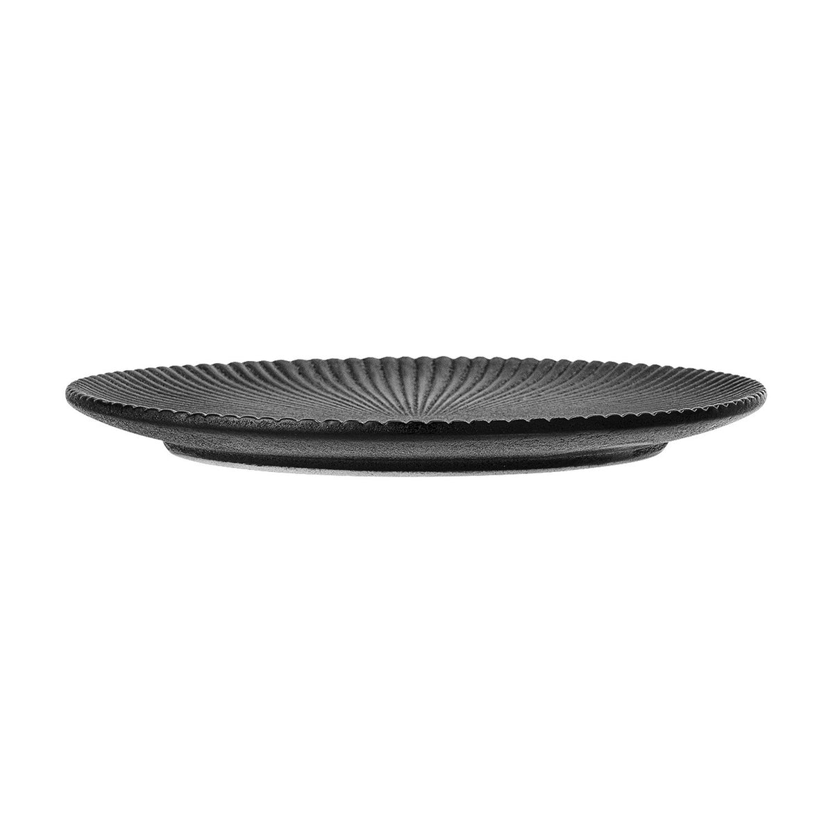 Neri Stoneware Plate in black, shown side-on, revealing a ridged, fluted edge and low profile against a plain white background.