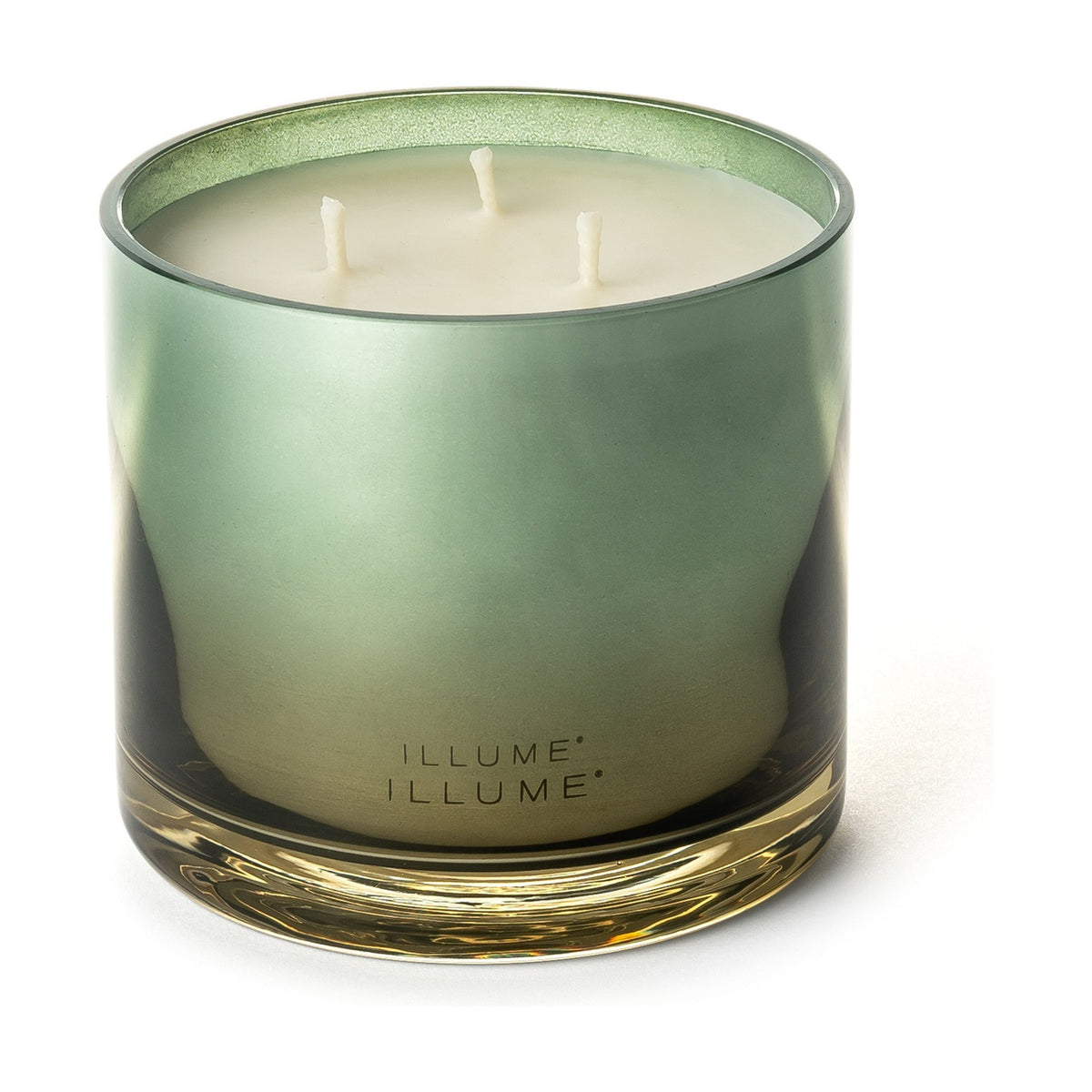Hinoki Sage Glass Scented Candle 590g in a green ombré glass jar with three cotton wicks and white wax, shown on a plain white background.
