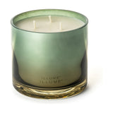 Hinoki Sage Glass Scented Candle 590g in a green ombré glass jar with three cotton wicks and white wax, shown on a plain white background.