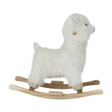 Kinto Rocking Llama in White, a plush toy with long shaggy fur, stitched facial features and rounded wooden ears, mounted on curved natural wood rockers, shown on a plain white background.