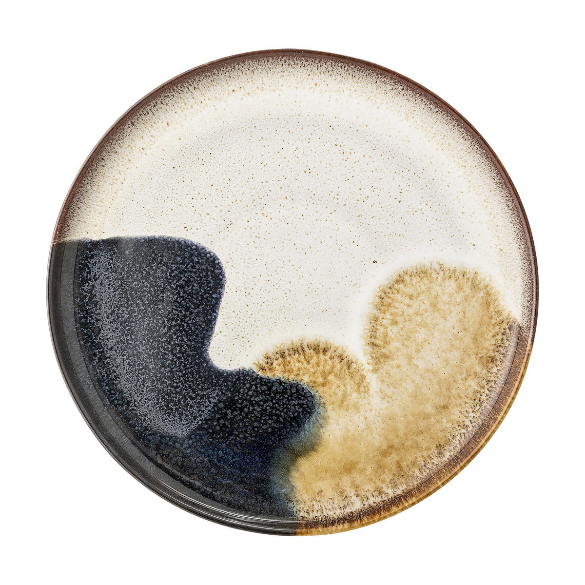 Jules Stoneware Dinner Plate in Multi, round with a reactive glaze blending cream, navy and amber tones with a brown speckled rim, shown on a plain white background.
