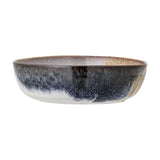 Jules Crackle Stoneware Bowl 17.5cm in Blue, a low wide ceramic bowl with a reactive glaze blending deep blue and crackled cream tones, shown on a plain white background.