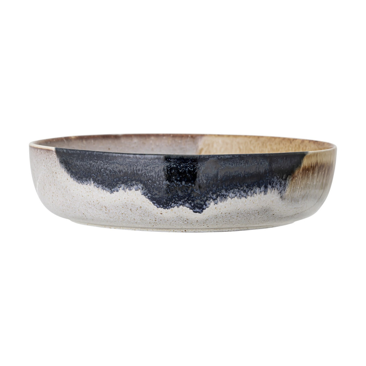 Jules Crackle Stoneware Bowl 25cm in Multi, a wide shallow ceramic serving bowl with a reactive crackle glaze in cream, black, and tan tones, shown on a plain white background.