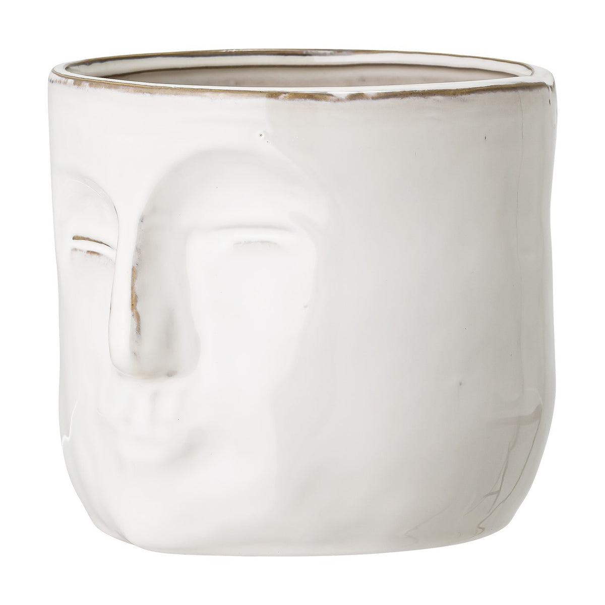 Ignacia Stoneware Plant Pot in white ceramic with a sculpted face in relief, closed eyes and raised nose and lips, rounded form on a plain white background.