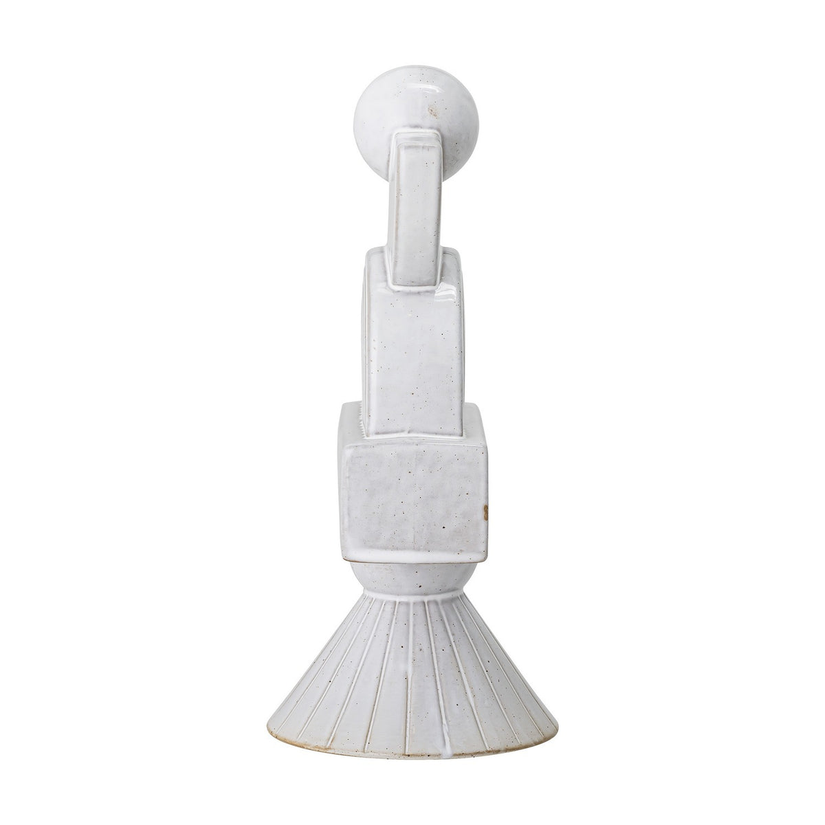 Beatrice Stoneware Ornament in White, a stacked abstract figurine with a ball top, arched neck, square block, and ribbed conical base, glossy speckled finish, on a plain white background.