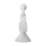 Beatrice Stoneware Ornament in White, a stacked abstract figurine with a ball top, arched neck, square block, and ribbed conical base, glossy speckled finish, on a plain white background.