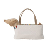 Hilena Soft Toys Set of 2 - plush sausage dog in striped knitted jumper peeking from a neutral fabric tote bag with floral-lined interior and two handles, on a plain white background.