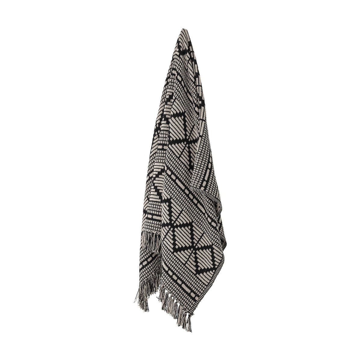 Gutte Geometric Throw in black, woven fabric with diamond and check patterns, fringed ends, hanging against a plain white background.