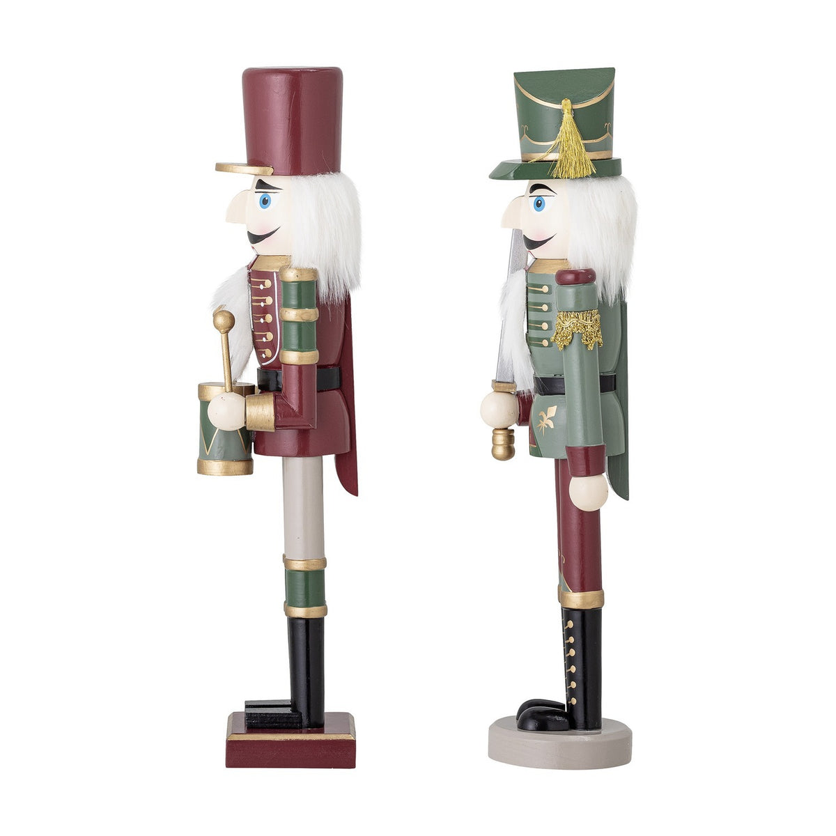 Set of 2 Darren wooden nutcracker soldier Christmas decorations, 38cm, white beards, one in maroon holding a drum, one in green holding a sword with tasselled hat.