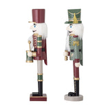 Set of 2 Darren wooden nutcracker soldier Christmas decorations, 38cm, white beards, one in maroon holding a drum, one in green holding a sword with tasselled hat.