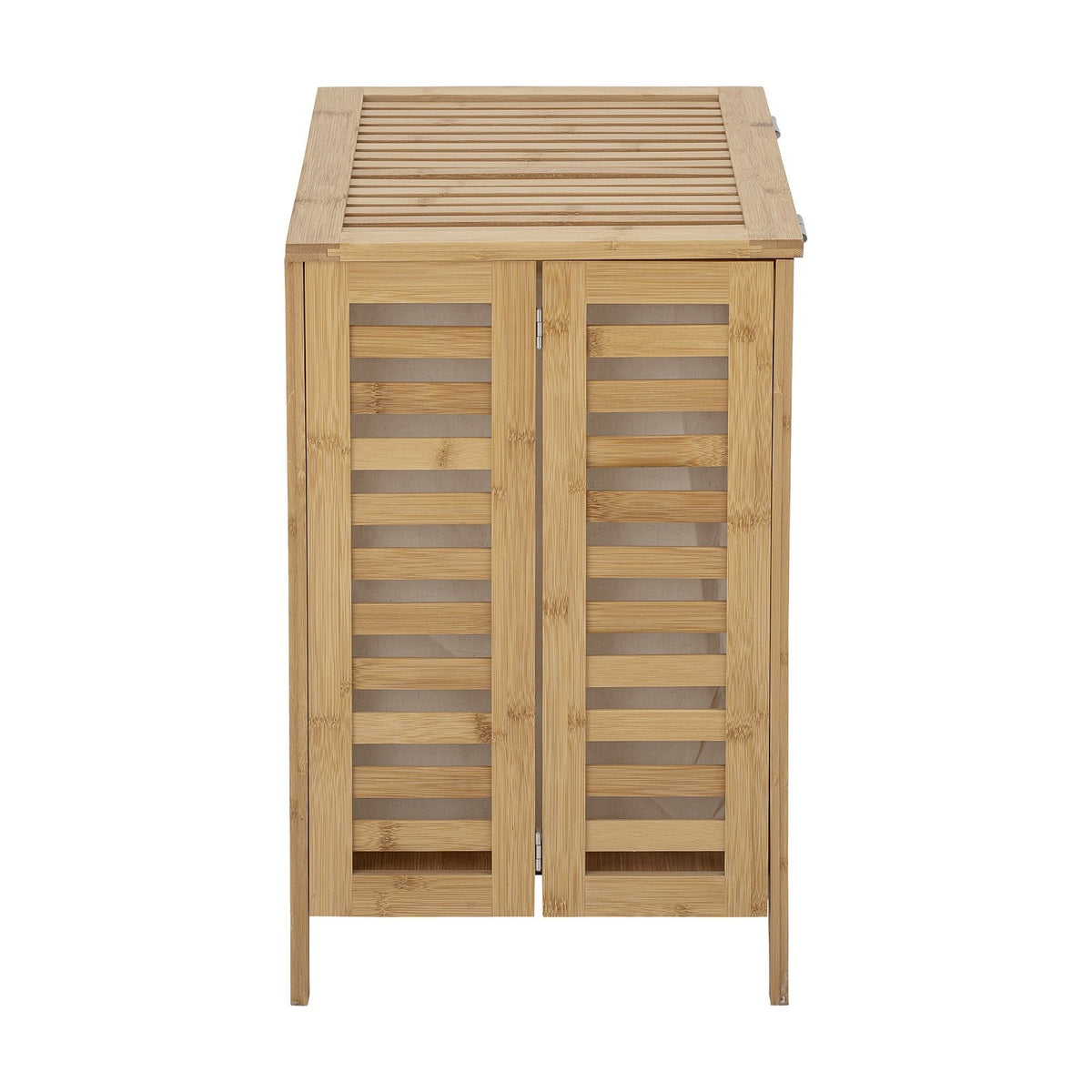 Aden Bamboo Laundry Basket in natural bamboo, front view showing slatted double doors with fabric lining and a slatted lid, on a plain white background.