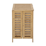 Aden Bamboo Laundry Basket in natural bamboo, front view showing slatted double doors with fabric lining and a slatted lid, on a plain white background.