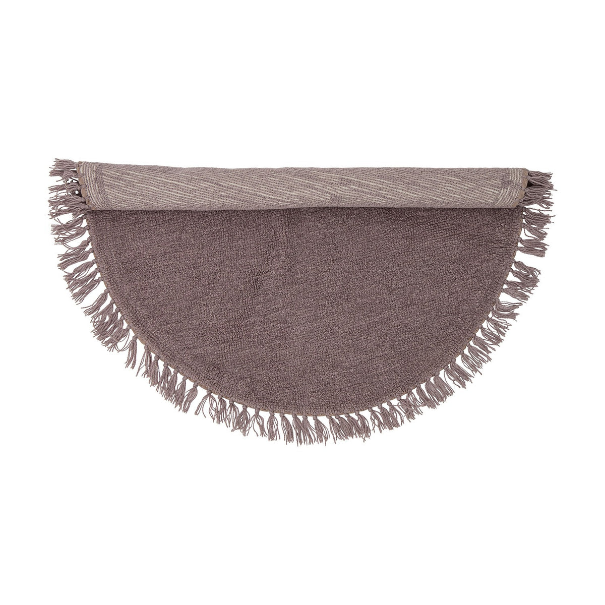 Lenea Round Wool Rug 110cm in purple, shown half-rolled with fringed edge, tufted surface, on a plain white background.
