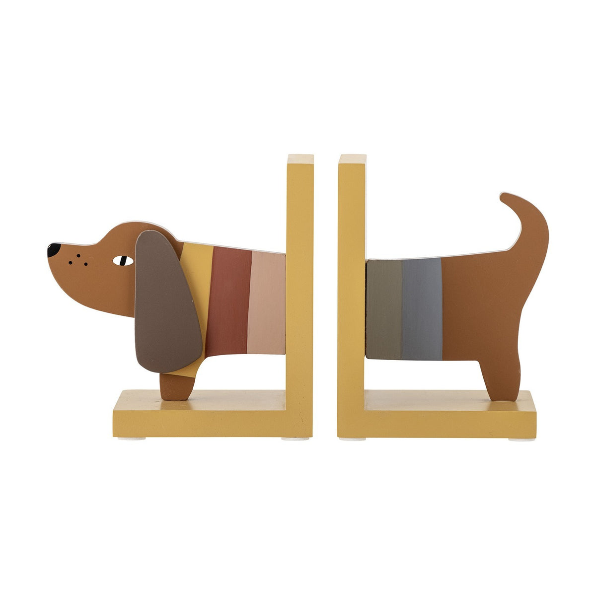 Charlie Dog Bookends Set of 2 in multicoloured MDF, shaped as a dachshund split into head with floppy ear and tail end, striped body, on yellow bases against a plain white background.