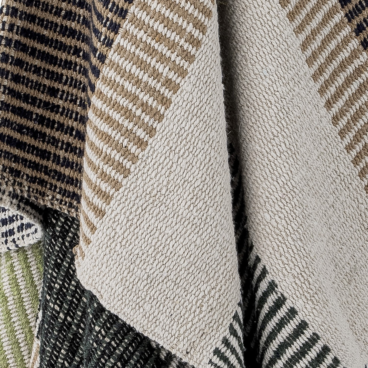 Close-up of the Isnel Black Striped Cotton Throw showing its ribbed woven texture in cream, tan, navy and green diagonal stripe patterns.