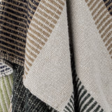 Close-up of the Isnel Black Striped Cotton Throw showing its ribbed woven texture in cream, tan, navy and green diagonal stripe patterns.
