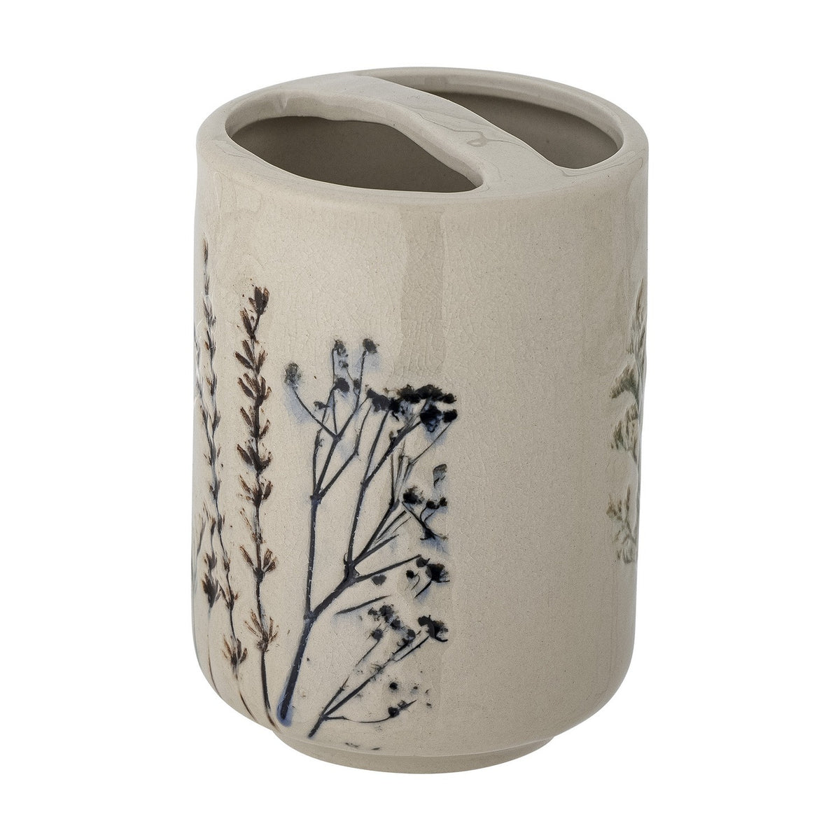 Beige crackle stoneware toothbrush holder with dual compartments and a hand-painted floral stem motif around the lower half, shown on a plain white background.