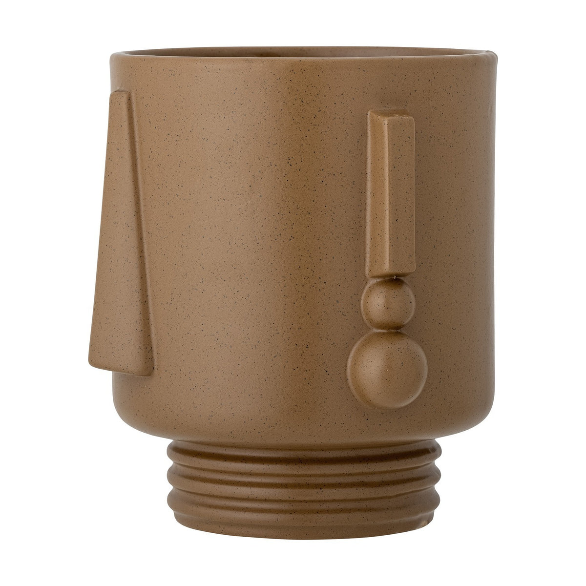 Guxim Stoneware Plant Pot in brown with a face-like design, featuring a sculpted nose, blocky ear details, hanging bead accents, and a ribbed ring foot, set against a white background.