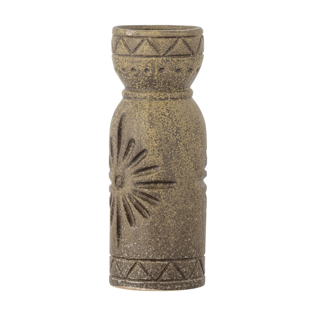 Gerde Stoneware Vase 21cm in brown with a flared collar, zigzag triangle bands top and base, dotted ring, and a pressed sunburst motif on the body, shown on a white background.