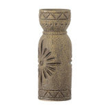 Gerde Stoneware Vase 21cm in brown with a flared collar, zigzag triangle bands top and base, dotted ring, and a pressed sunburst motif on the body, shown on a white background.