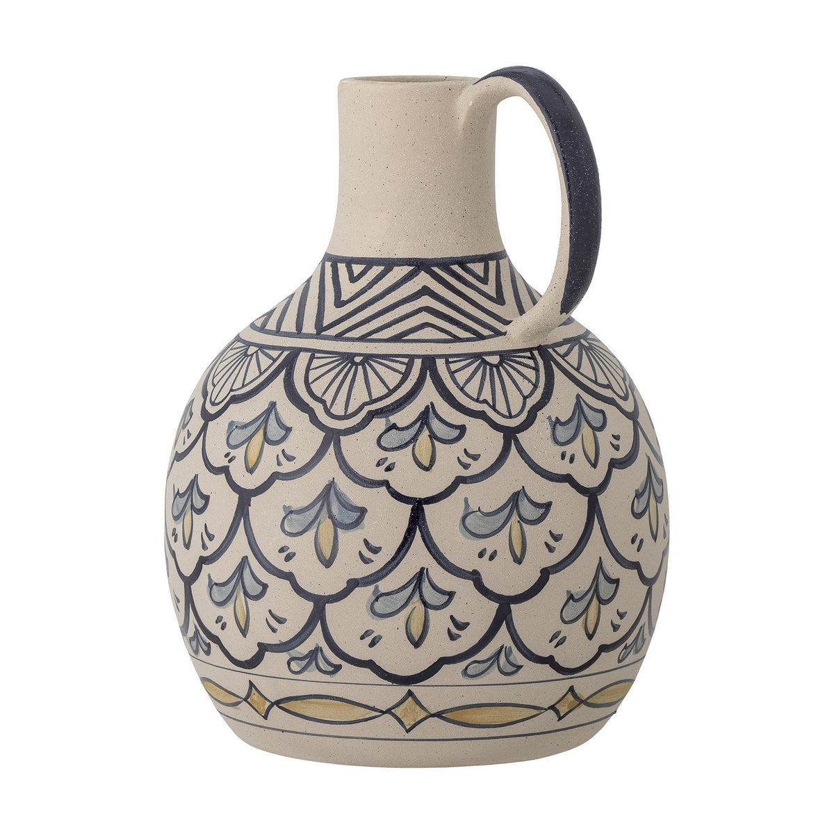 Nadya Round Stoneware Vase in beige, 27cm, with narrow neck, black loop handle, hand-painted chevron, fan, scallop and diamond motifs, shown on a plain white background.
