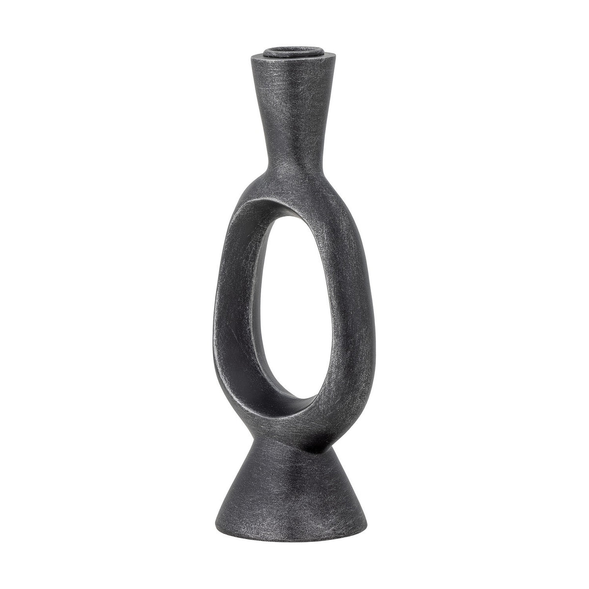 Bijan Resin Candle Holder in black, featuring a flared neck above an open oval loop and conical foot, shown on a plain white background.