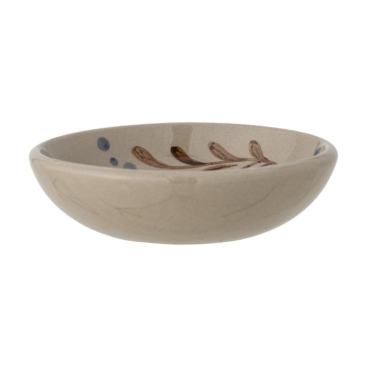 Peline Stoneware Bowl 11cm, shallow rustic ceramic dish with beige glaze and hand-painted brown leafy sprig and blue dots, shown on a plain white background.
