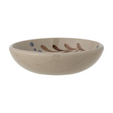 Peline Stoneware Bowl 11cm, shallow rustic ceramic dish with beige glaze and hand-painted brown leafy sprig and blue dots, shown on a plain white background.