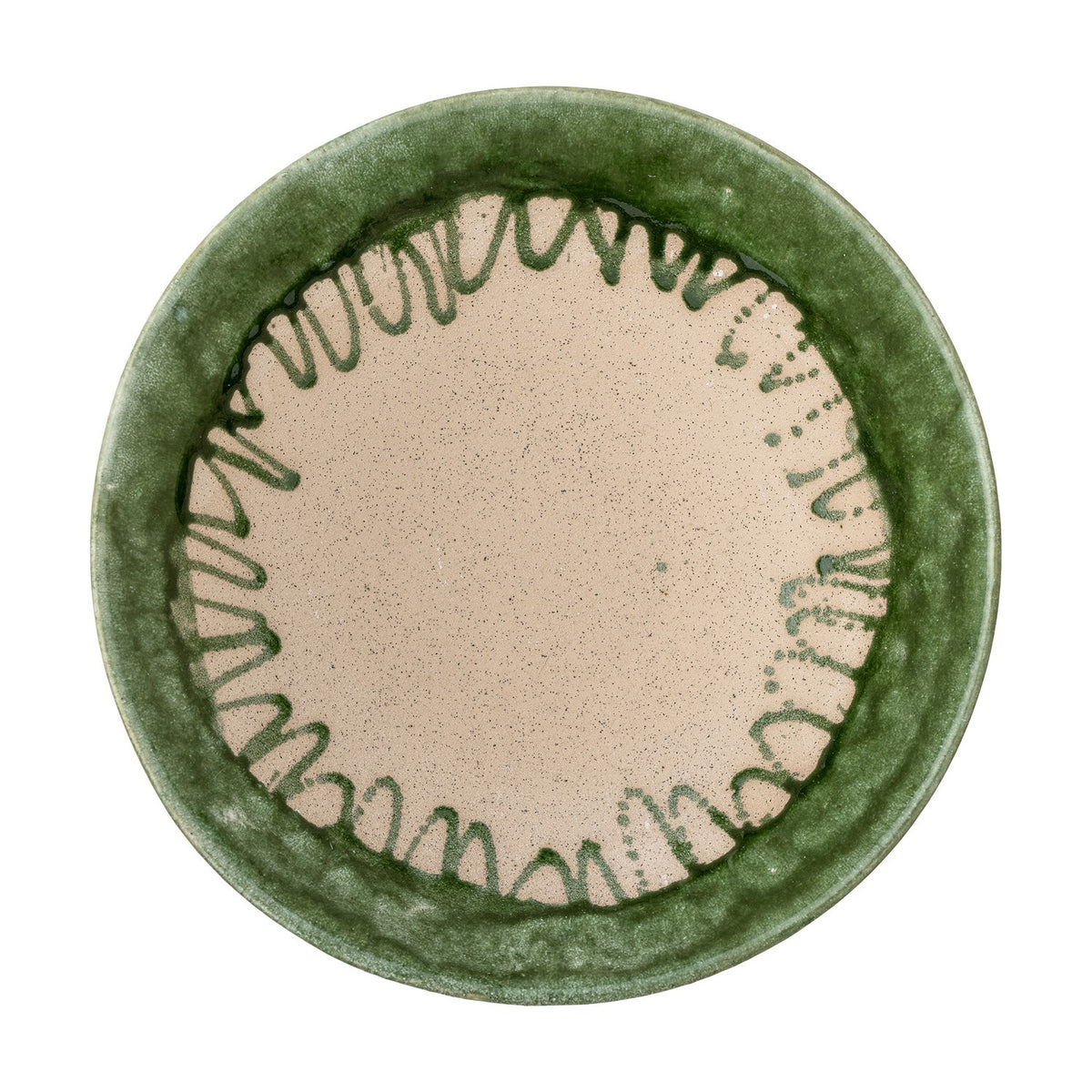 Moez Stoneware Bowl 30cm in green, a wide round dish with a glossy green rim and speckled beige centre bordered by looping green brushwork, shown on a white background.