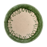 Moez Stoneware Bowl 30cm in green, a wide round dish with a glossy green rim and speckled beige centre bordered by looping green brushwork, shown on a white background.