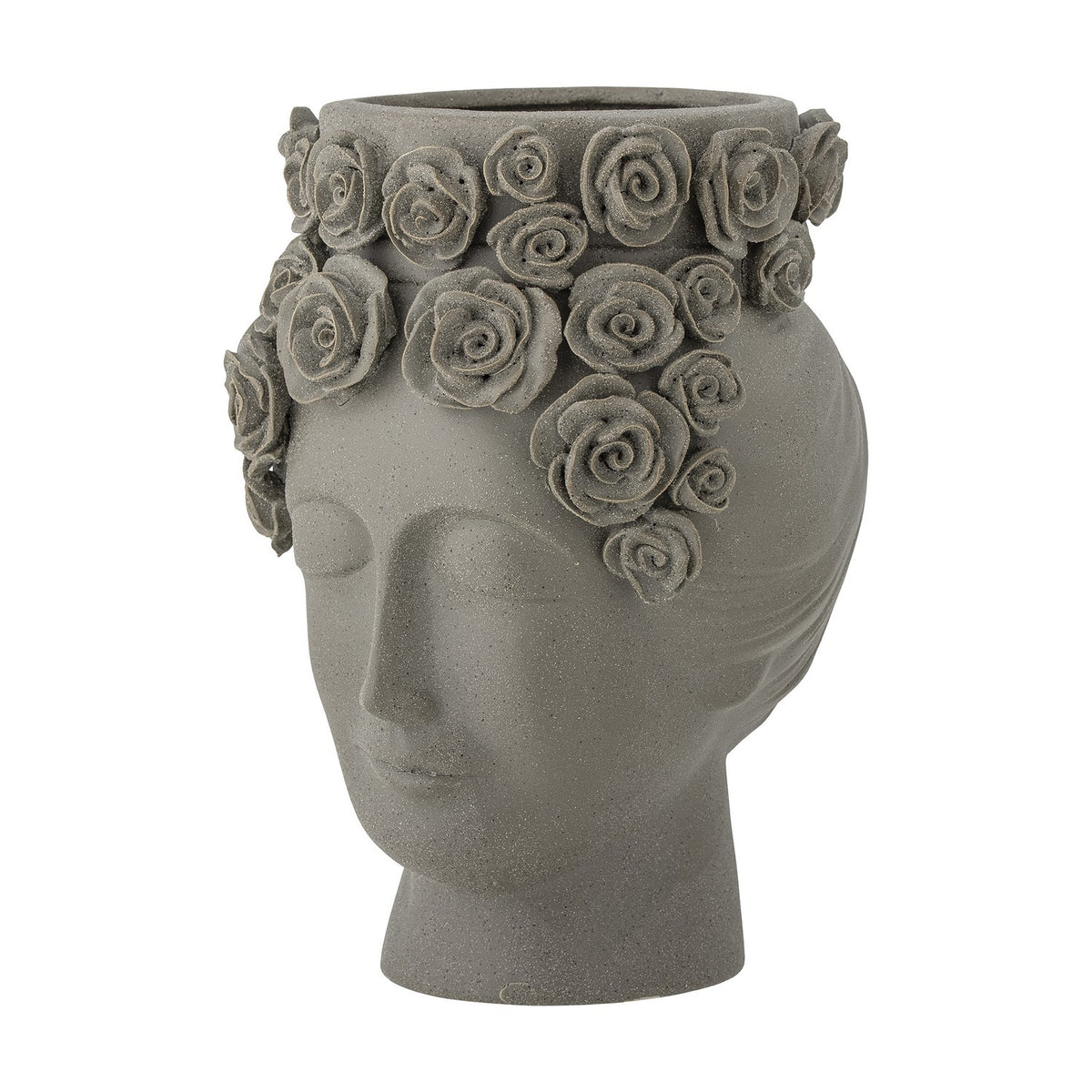 Akira Stoneware Vase 30cm in grey, shaped as a woman's closed-eyed face with a crown of raised roses around the rim and temples, matt textured finish, on a plain white background.