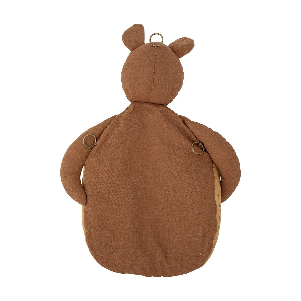 Brown Toto Linen Wall Basket shaped like a kangaroo with rounded ears, long arms, and a quilted pouch, shown from behind with metal hanging rings on white background.