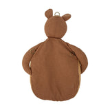 Brown Toto Linen Wall Basket shaped like a kangaroo with rounded ears, long arms, and a quilted pouch, shown from behind with metal hanging rings on white background.