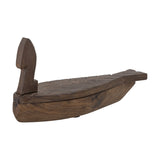 Hamida fish-shaped wooden storage box with lid in brown, featuring chevron scale carvings, a notched tail, and an upright fin-like piece, shown on a white background.