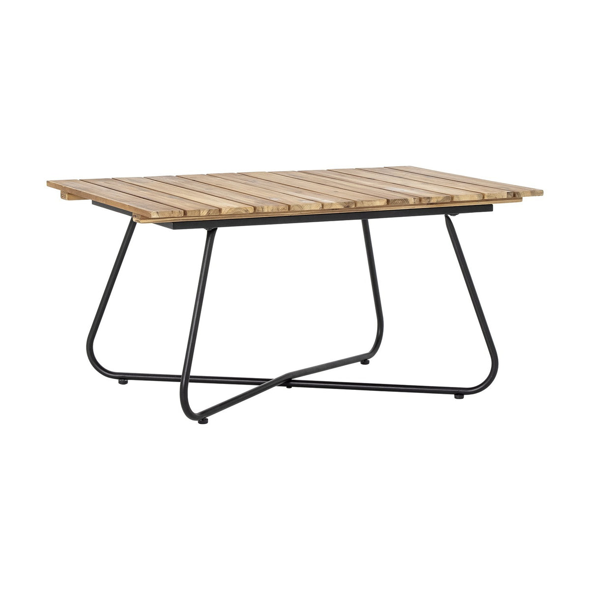 Hampton Wooden Garden Table in brown, a low lounge table with a slatted acacia wood top and curved black powder-coated iron legs, shown on a plain white background.