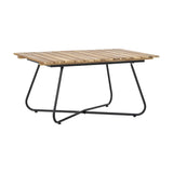 Hampton Wooden Garden Table in brown, a low lounge table with a slatted acacia wood top and curved black powder-coated iron legs, shown on a plain white background.